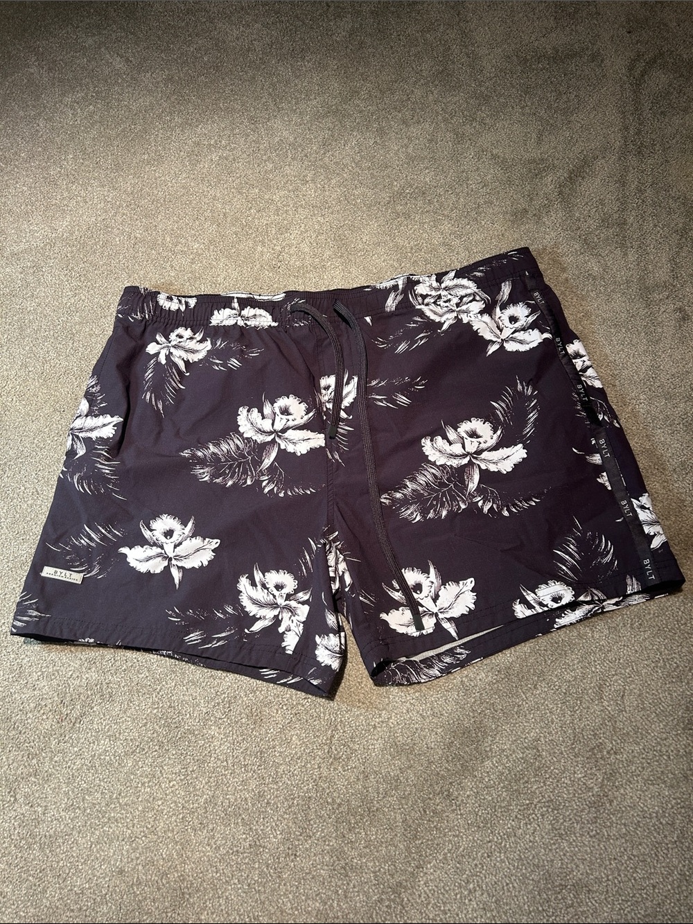 BYLT Basics Black Swim Trunks with White Floral Print